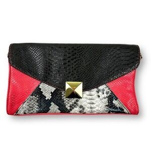 Snakeskin‎ Print Envelope Clutch Bag Black Pink Colorblock Gold Stud Accent